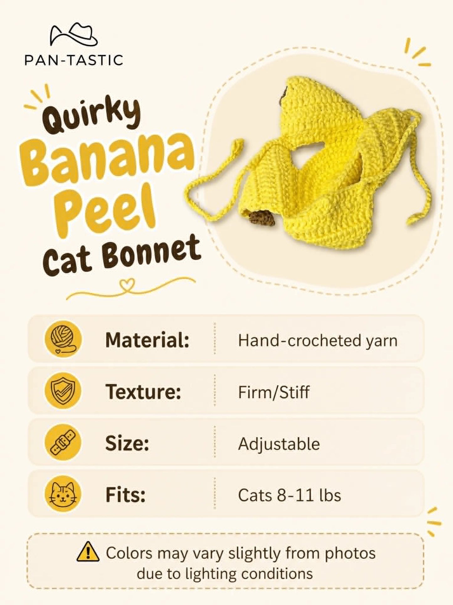 ⁠Product details and sizing guide infocard for the quirky banana peel crochet cat bonnet.⁠