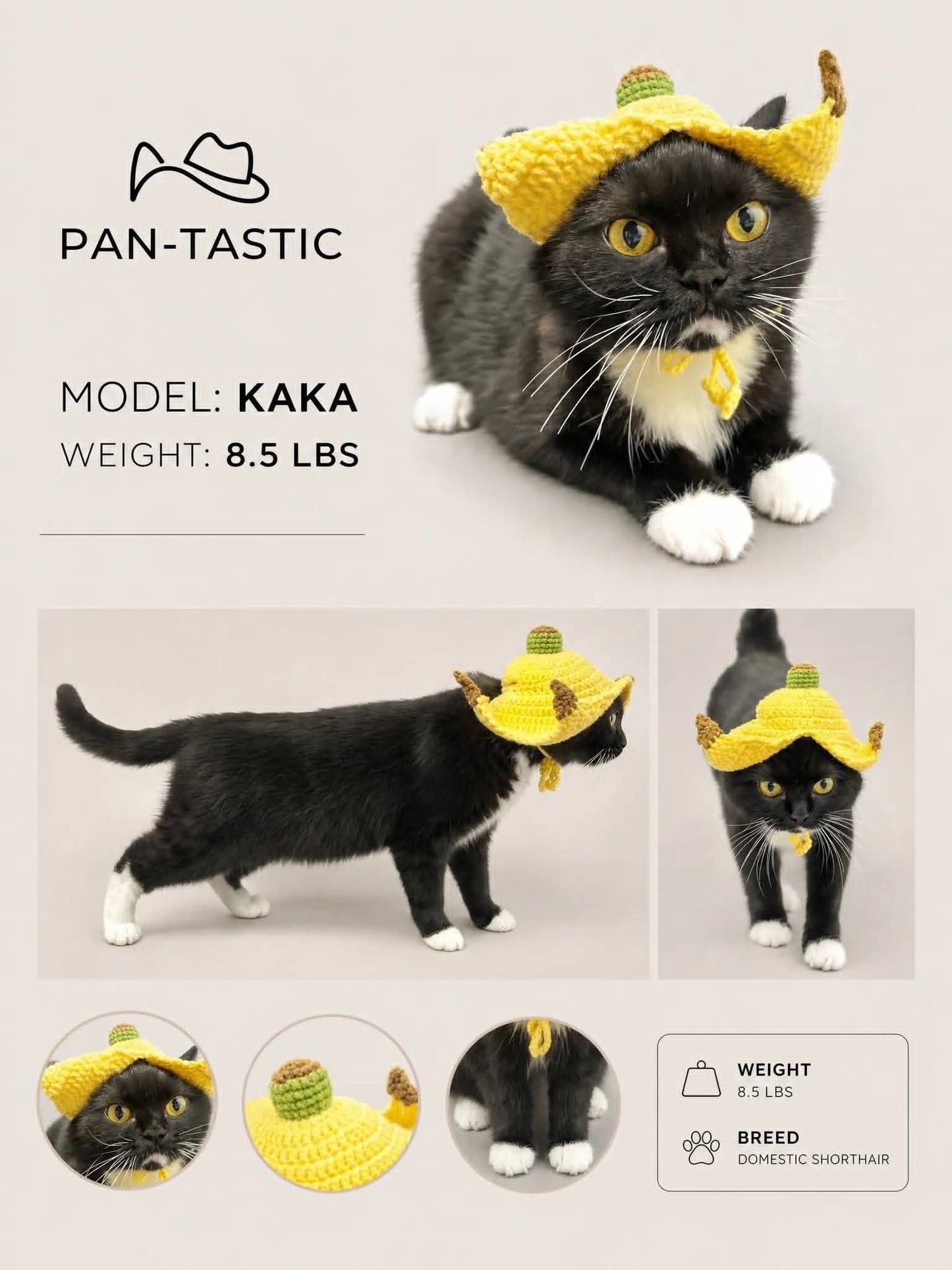 ⁠A tuxedo cat named Kaka modeling the funny handmade crochet banana peel pet hat from different angles.⁠