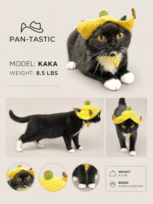⁠A tuxedo cat named Kaka modeling the funny handmade crochet banana peel pet hat from different angles.⁠