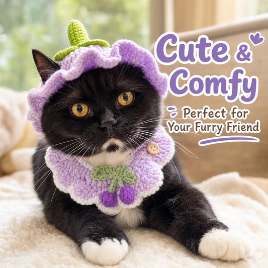 ⁠Cute tuxedo cat wearing the lavender bloom handmade crochet hat and matching collar set.⁠