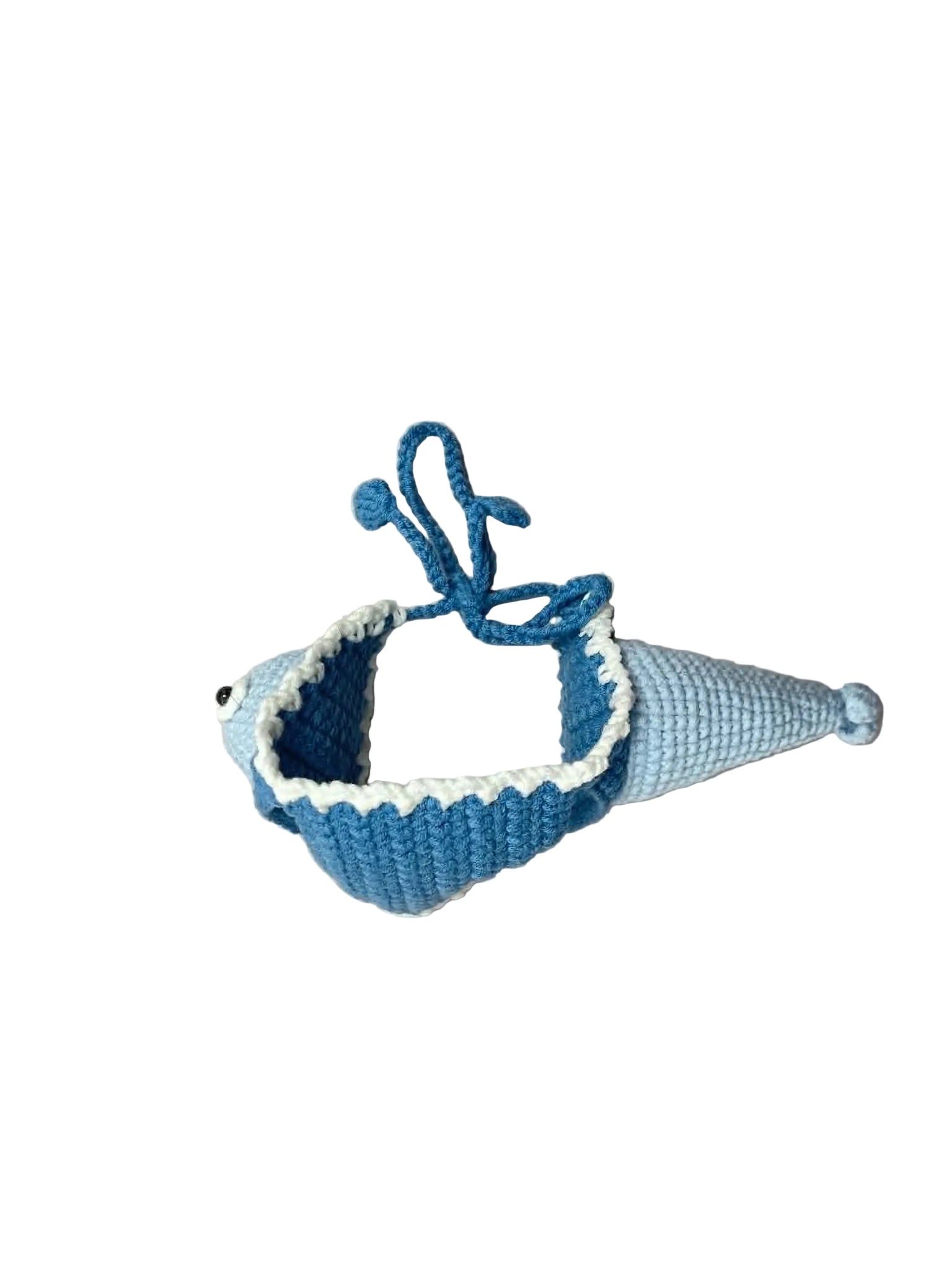 ⁠Hand-crocheted blue fishy cat hat with adjustable ties, unique ocean-themed pet costume accessory.⁠