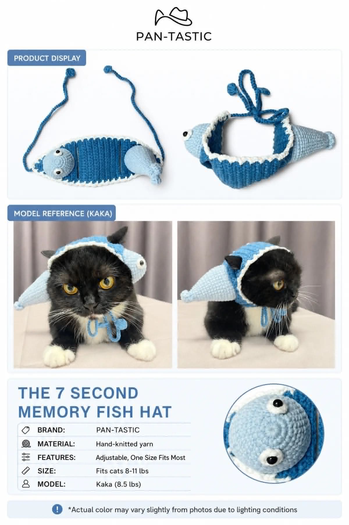 A tuxedo cat wearing the quirky blue fishy crochet hat, showcasing a funny and unique pet headpiece.⁠