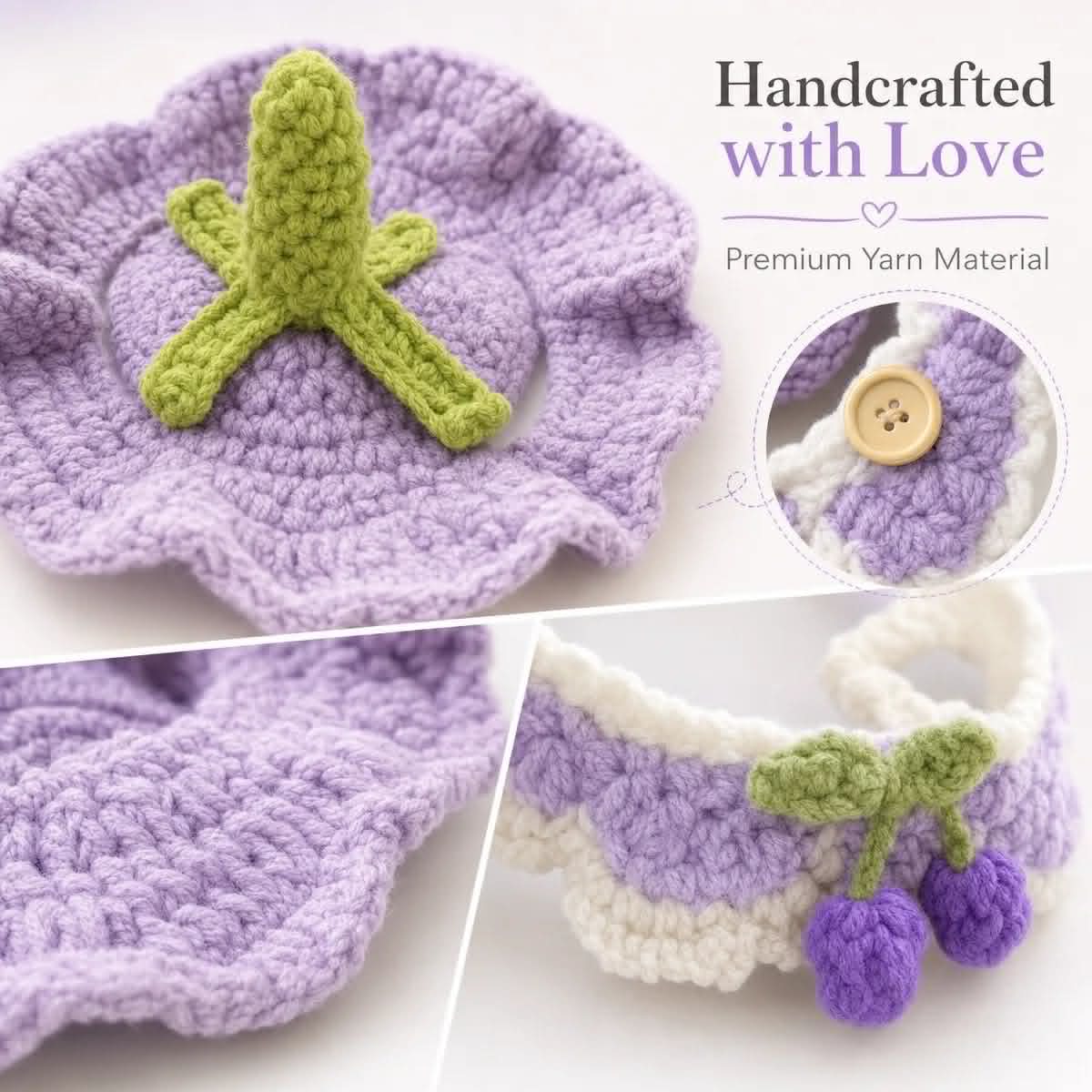 Close-up details of the whimsical lavender pet accessory set, showing premium hand-crocheted yarn texture and cherry details.⁠